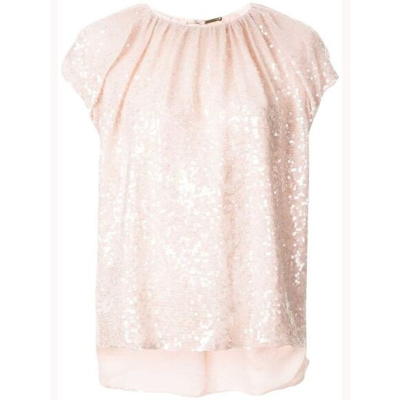 Adam Lippes Womens Sequined Short Sleeve Jewel Neck Evening Top